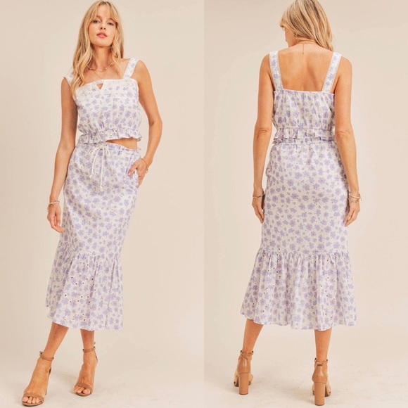 NWT Just Me Two Piece Floral Skirt Top Set, Pink & Purple Flowers, Large - Picture 6 of 6